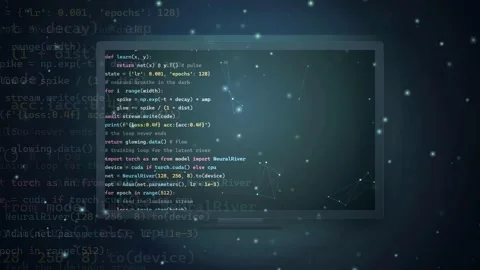 Digital screen displaying scrolling computer code for artificial intelligence Stock Footage 341828677