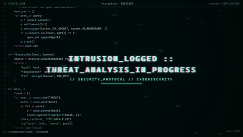 Digital screen displaying scrolling computer code with cybersecurity threat Stock Footage 345763581
