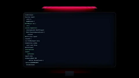 Digital screen displaying scrolling computer code transitioning into a red Stock Footage 345763609