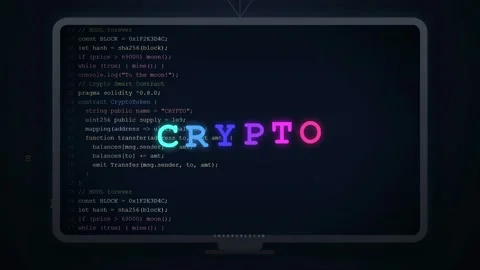 Digital screen displaying scrolling computer code with glowing neon crypto text Stock-Footage 345765324