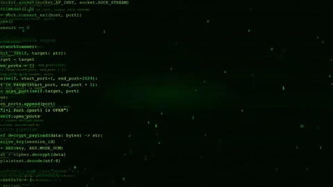 Digital screen displaying scrolling green computer code for cybersecurity and Stock Footage 336777288