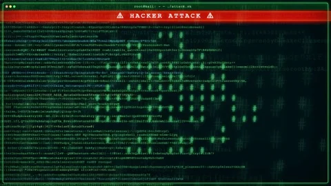Digital screen displaying scrolling green computer code and hacker attack Stock Footage 343155040