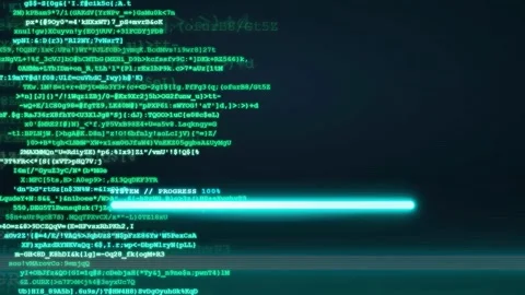 Digital screen displaying scrolling green computer code and data processing for Video stock 343160837
