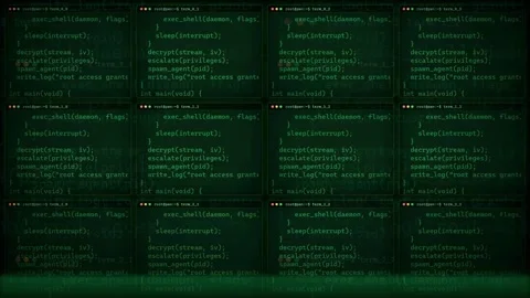Digital screen displaying scrolling green computer code for cybersecurity and Stock Footage 343171854
