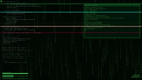 Digital screen displaying scrolling green computer code and data processing in Stock Footage 345766397