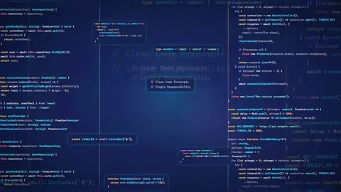 Digital screen displaying scrolling lines of computer programming code with Stock Footage 339960255