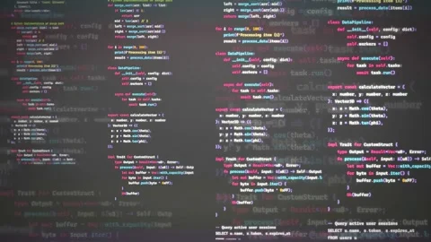 Digital screen displaying scrolling lines of computer code for software Stock Footage 339966157