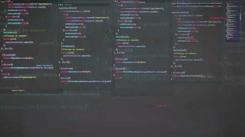 Digital screen displaying scrolling lines of computer programming code for Stock Footage 339970212