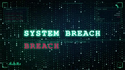 Digital screen displaying system breach warning with scrolling binary code and Vídeo Stock 345766442