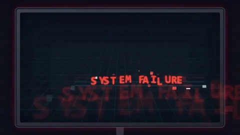 Digital screen displaying system failure warning with glitch effects and red Vidéo 341828604
