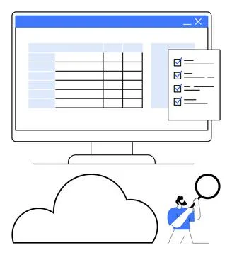 Digital screen displaying a table with checklist, figure holding magnifying g Stock Illustration