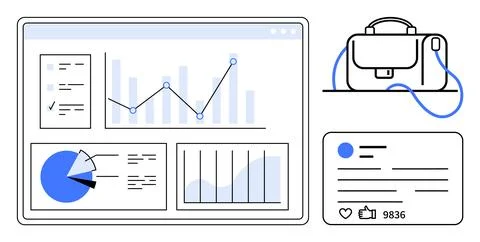 Digital screen displaying various data visualizations including charts and gr 스톡 일러스트