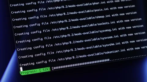 Digital screen displays command-line interface actively creating PHP config.. Stock Footage 320174349
