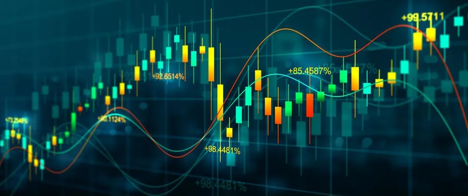 Digital screen with financial graphs or Forex, lines and candlestick. Doubl.. Stock Illustration