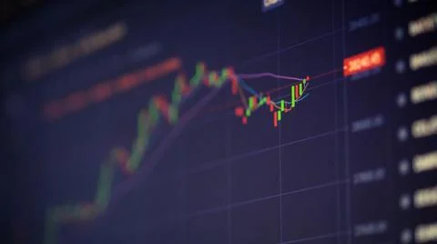 Digital screen with financial trading chart and cryptocurrency price trend. Stock Photos