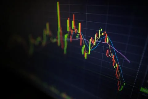 Digital screen with financial trading chart and cryptocurrency price trend. Stock Photos