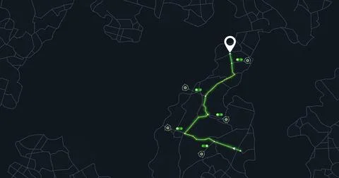 Digital screen layout showing driving path with estimated arrival minutes and Stock Illustration