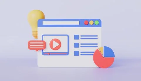Digital screen with media and Video player, lightbulb, SEO data analysis Stock Illustration