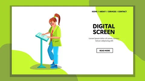 Digital Screen Pos Terminal Touching Girl Vector Stock Illustration