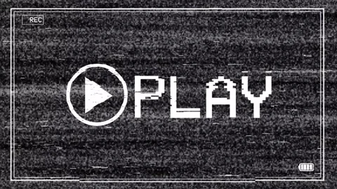 A digital screen  a retro VHS-style 'PLAY' button overlay with static noise Video stock 314390237