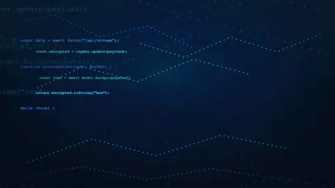 Digital screen with scrolling computer code and data streams on a dark blue Stock Footage 336773149