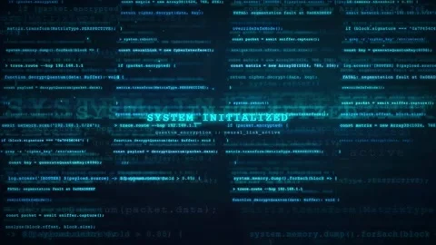 Digital screen with scrolling computer code and system initialized message on Stock Footage 336779870
