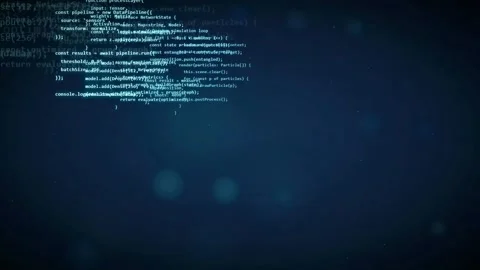 Digital screen with scrolling computer code and glowing blue particles for Stock Footage 336780774