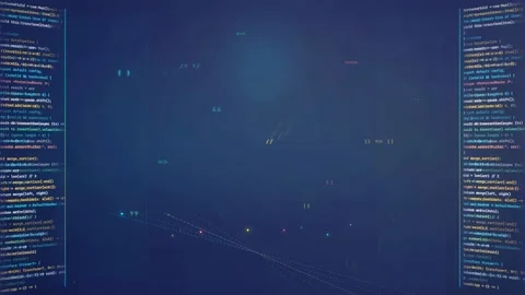 Digital screen with scrolling computer code and data streams on a dark blue Stock Footage 339963543