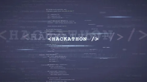 Digital screen with scrolling computer code and hackathon text for technology Stock Footage 339966666