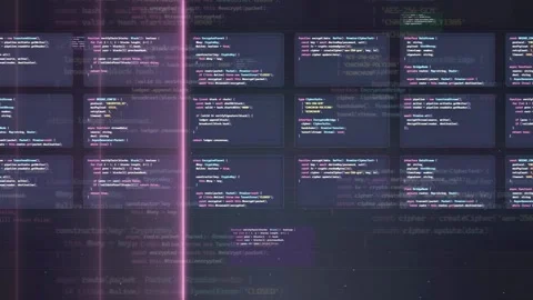 Digital screen with scrolling computer code and data streams for software Stock Footage 339967165
