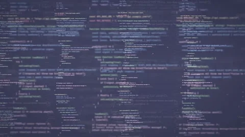 Digital screen with scrolling computer code and programming script on a dark Video stock 339971237