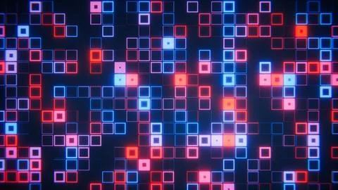 Digital screen showing an abstract pattern of glowing squares transforming with Stock Illustration