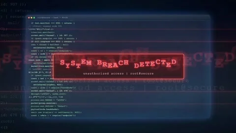 Digital screen showing computer code with a red system breach detected warning Stock Footage 343169432