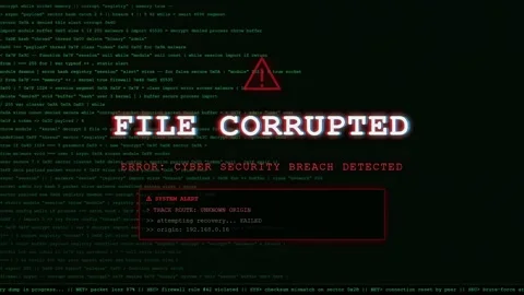 Digital screen showing cyber security breach warning with file corrupted error Stock Footage 345766262