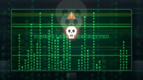Digital screen showing green computer code with a ransomware warning message Stock Footage 343153005