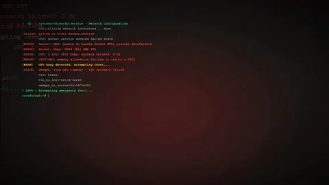 Digital screen showing scrolling computer code and system error messages with Stock Footage 336780090