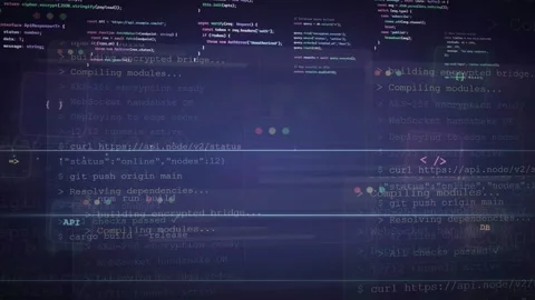 Digital screen showing scrolling computer code and terminal commands for Stock Footage 339952500