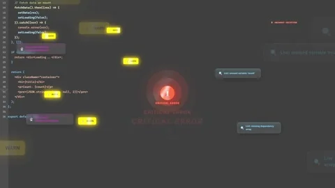 Digital screen showing software source code with red critical error warning Stockbeeldmateriaal 340215966