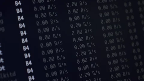 Digital screen showing zeroes in bytes per second with a teal highlighted r.. Stock Footage 318832071