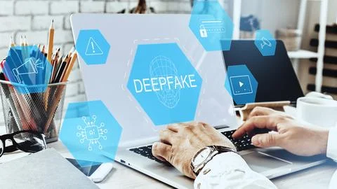 Digital screen shows deep fake technology with hand typing on a laptop in an Stock Photos