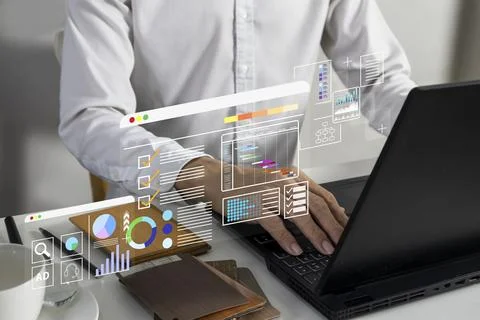 Digital screen technology concept, interface, work information and network .. 库存照片