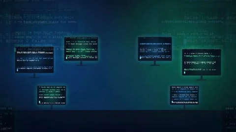 Digital screens displaying scrolling computer code and data processing in a Vidéo 343161639