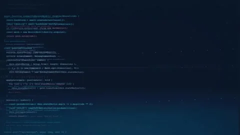Digital scrolling computer code on dark blue screen representing software Stock Footage 336775172