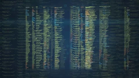 Digital scrolling computer code on dark blue screen for software development Stock Footage 339972998