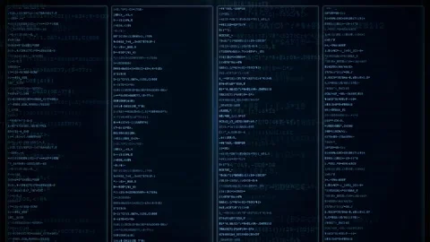 Digital scrolling computer code on dark screen representing software Video stock 343162298