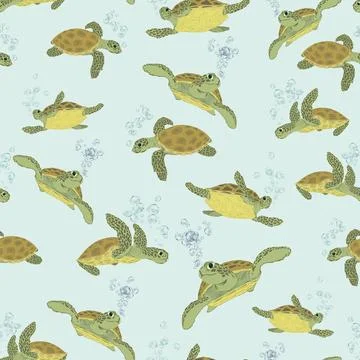 Digital seamless pattern with cartoon sea turtles Stock Illustration