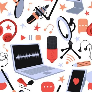Digital seamless pattern, laptop tablet and microphone. Streaming service Stock Illustration