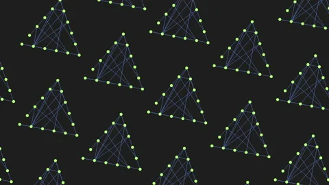 Digital seamless rainbow triangles pattern with neon dots on black gradient Video stock 233277555