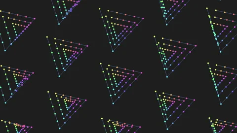 Digital seamless rainbow triangles pattern with neon dots on black gradient Video stock 233277877