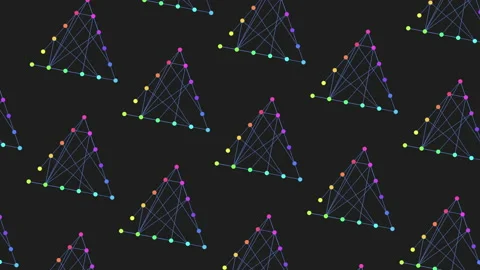 Digital seamless rainbow triangles pattern with neon dots on black gradient Video stock 233317530
